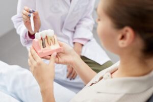 Person looking at model of teeth while in a consultation about the types of dental implants